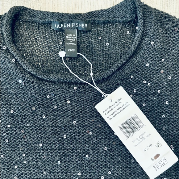 NWT Eileen Fisher Black Sequin Merino Wool Long Sleeve Crew Neck Sweater XS - Picture 6 of 9